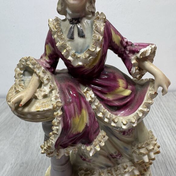 Victorian Man & Woman Figurines Ruffle Gold Trim Outfit Marked Bone China Lace - Picture 10 of 13